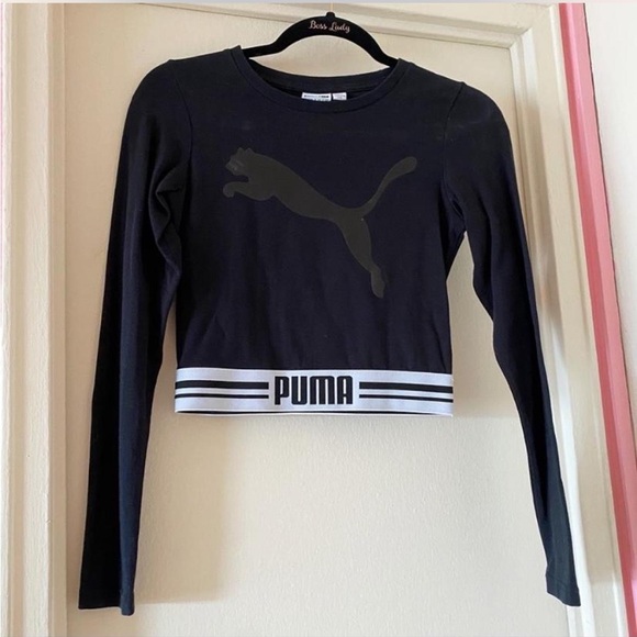Puma Tops - Puma Fitted Black Ling Sleeve Semi-Crop Top with Logo and White Elastic Band